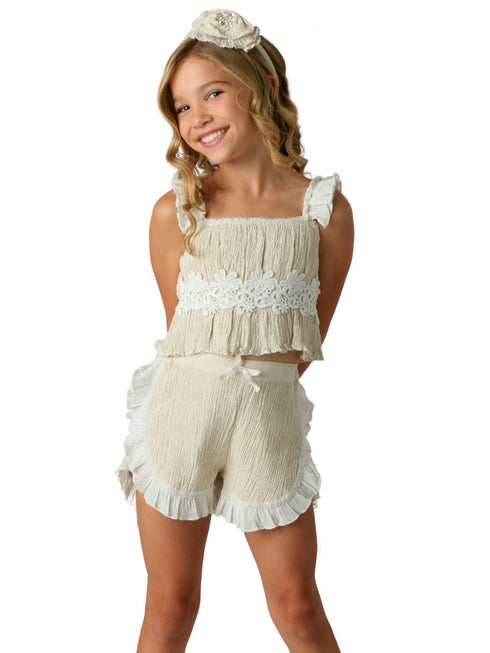 Ooh! La, La! Couture Oatmeal Evie 2 Pieces Short Set for Girls with Ruffled Shorts and Top, Sizes 12M-14 - SophiasStyle.com